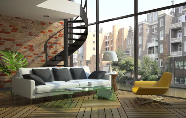 Картинка windows, sofa, stairs, modern loft