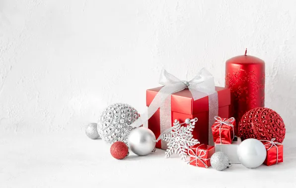 Картинка шарики, фон, подарок, шары, свеча, Рождество, Новый год, снежинка