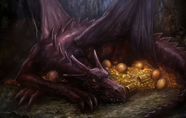 Картинка золото, дракон, яйца, арт, монеты, сокровища, сундуки