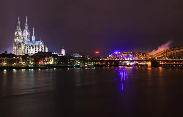 Ночь, мост, город, река, Германия, церковь, Germany, Deutschland