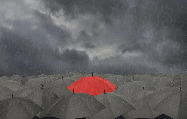 Картинка красный, тучи, дождь, зонтики