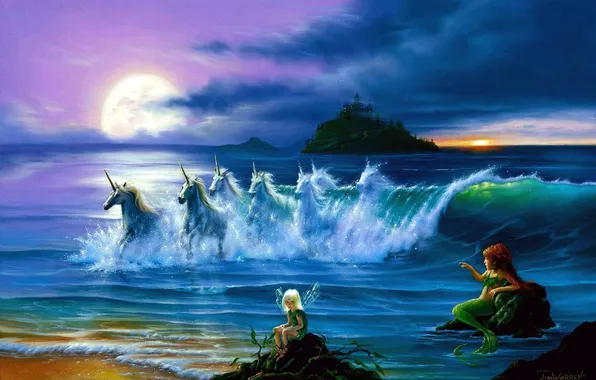 Картинка облака, океан, луна, эльф, волна, русалка, Jim Warren, единороги