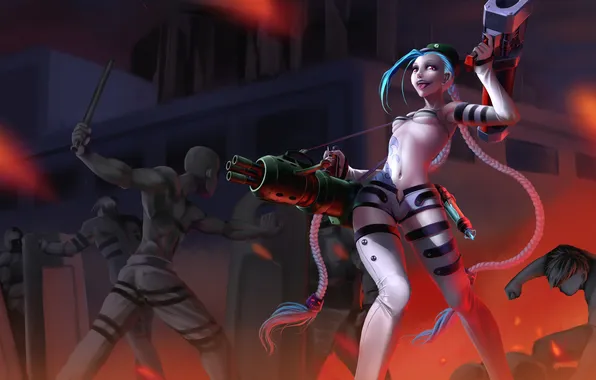 Девушка, оружие, люди, арт, League of Legends, LoL, Jinx