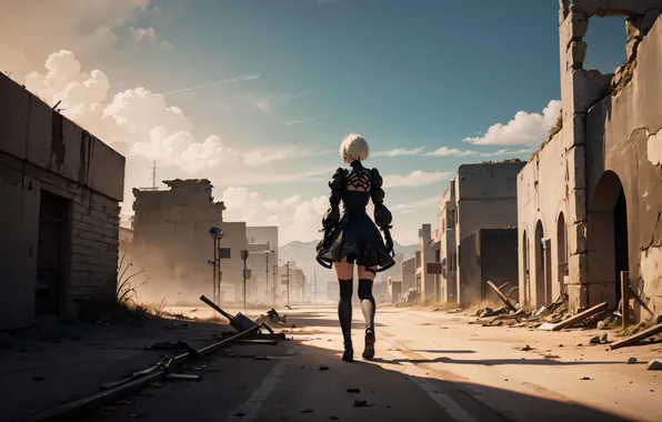 Девушка, улица, игра, Nier: Automata