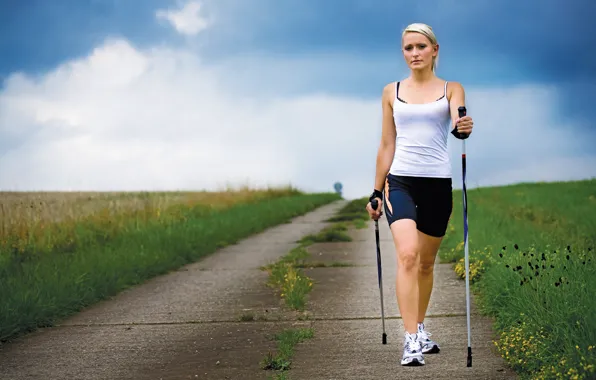 Дорога, поле, лето, девушка, спорт, nordic walking