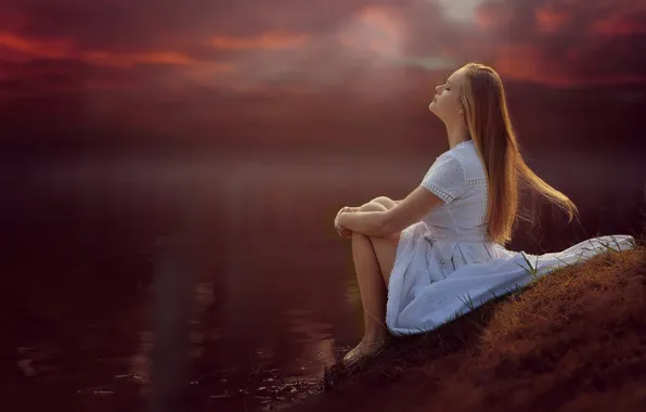Лето, взгляд, девушка, природа, поза, блондинка, белое платье, русая