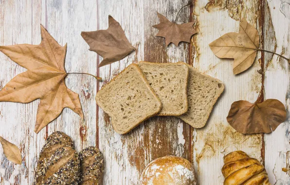 Картинка осень, листья, фон, дерево, colorful, хлеб, wood, выпечка
