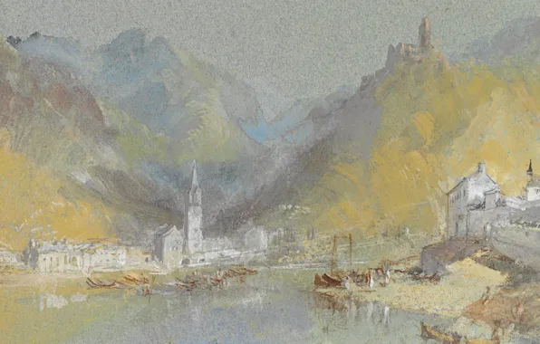 Картинка пейзаж, горы, река, замок, картина, лодки, акварель, Germany