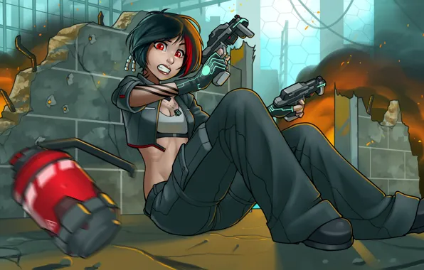Картинка девушка, испуг, огонь, пистолеты, граната, аниме, укрытие, арт