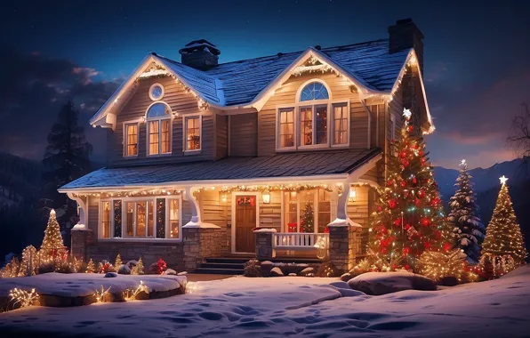Картинка зима, снег, украшения, ночь, lights, дом, елка, colorful