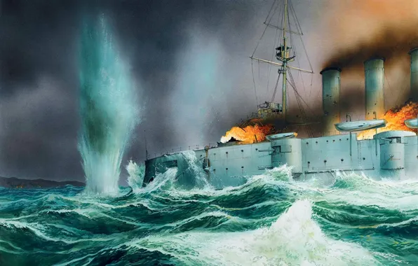 Картинка море, волны, рисунок, взрывы, арт, Чили, британский, WW1