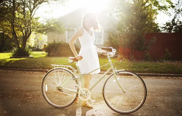 Картинка дорога, лето, девушка, велосипед, улица, платье