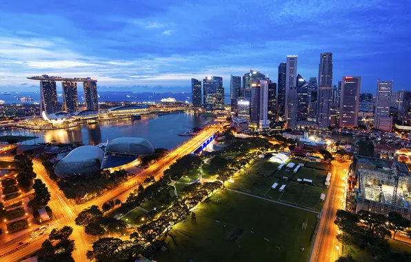 Город, утро, панорама, небоскрёбы, сингапур, Singapore, Marina Bay