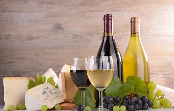 Сыр, виноград, листики, красное вино, белое вино