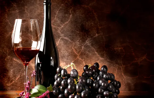 Вино, красное, бокал, бутылка, виноград