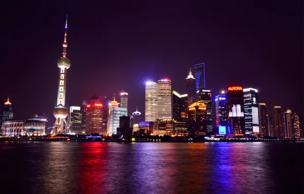 Огни, отражение, река, China, небоскребы, подсветка, Китай, Shanghai