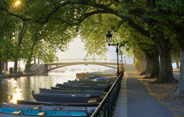Картинка деревья, мост, Франция, лодки, Канал, Аллея