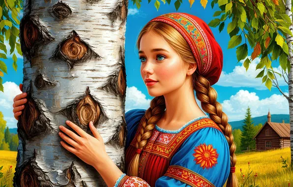 Небо, взгляд, листья, девушка, облака, поза, синева, дерево