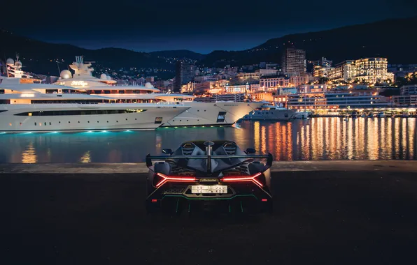 Ночь, Roadster, Lamborghini, суперкар, supercar, вид сзади, 2014, Veneno