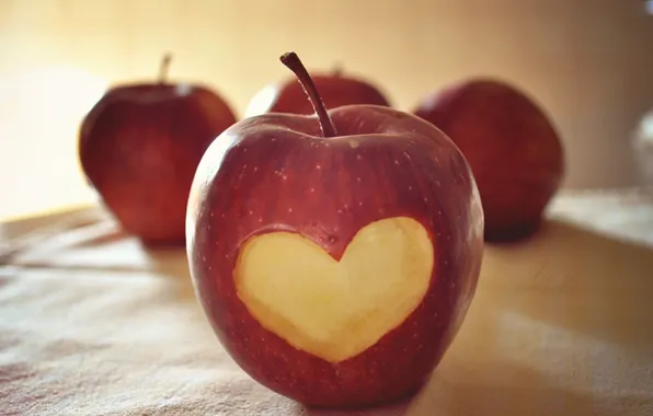 Макро, любовь, креатив, настроение, сердце, apple, яблоко, фрукт
