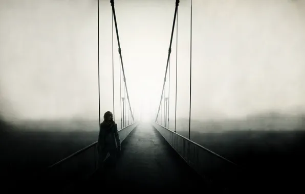Картинка дорога, пейзаж, мост, туман, люди, настроение, забор, человек