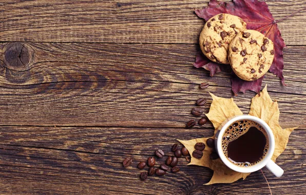Картинка осень, листья, кофе, печенье, чашка, wood, autumn, leaves