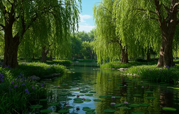Небо, вода, пруд, sky, water, кувшинки, ивы, pond