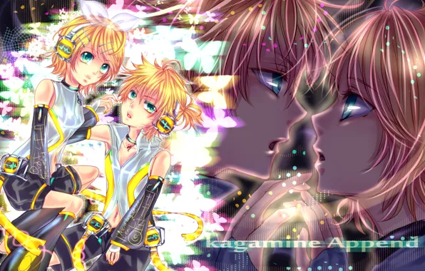 Наушники, двое, бантик, Vocaloid, Вокалоид, Кагомине Лен, Кагомине Рин