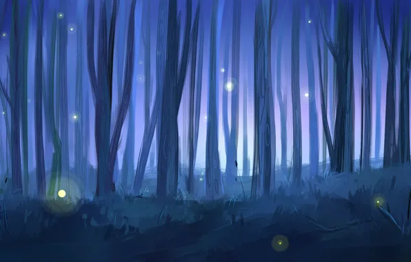 Картинка лес, деревья, ночь, светлячки, арт, нарисованный пейзаж