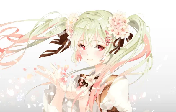 Картинка девушка, цветы, улыбка, аниме, лепестки, арт, vocaloid, sakura miku
