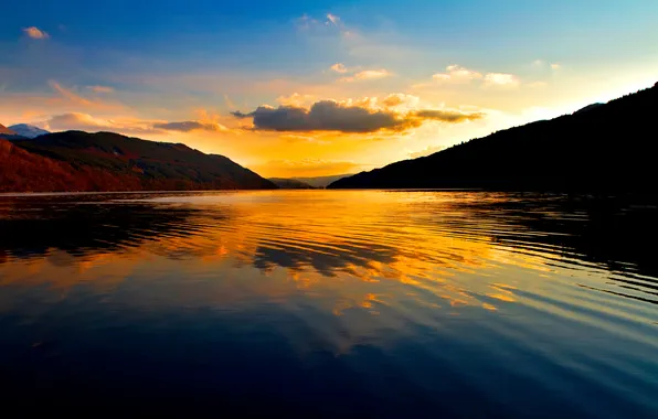Небо, вода, закат, отражение, гора
