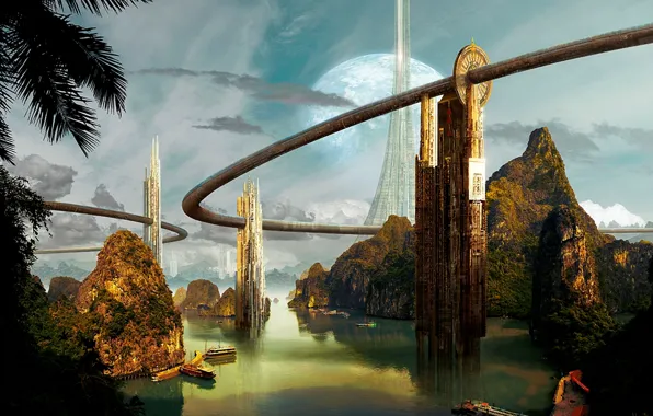 Rocks, planet, ships, bay, towers