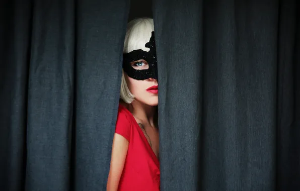 Red, girl, lips, hair, eye, mask, curtain