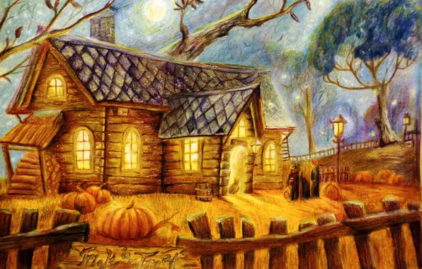 Картинка деревья, дом, люди, луна, забор, фонари, тыквы, хэллоуин