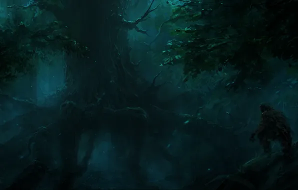 Картинка дерево, мрак, корень, ChrisCold, Hunter In The Dark Forest