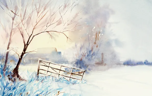 Зима, пейзаж, картина, акварель