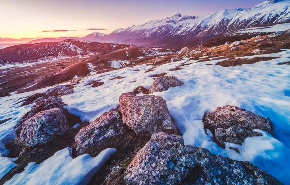 Картинка снег, горы, вечер, mountains, snow, evening
