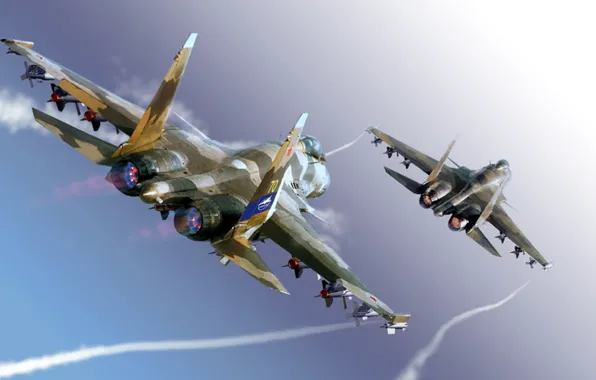 Картинка небо, самолет, истребитель, ракеты, Sukhoi, многоцелевой, сверхманевренный, su-37