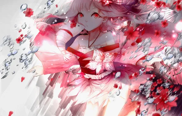 Картинка девушка, капли, цветы, аниме, арт, кимоно, sayuki