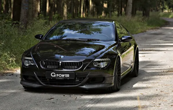 Картинка дорога, лес, чёрный, BMW, G-Power