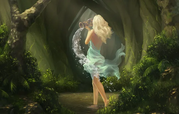Картинка лес, вода, Девушка, платье, блондинка, кувшин