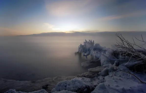 Картинка ice, lake, morning, foggy, long exposure