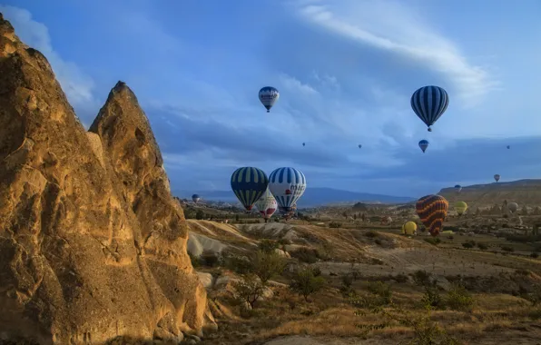 Sky, mountains, hills, Turkey, valley, Cappadocia, travelling, baloons