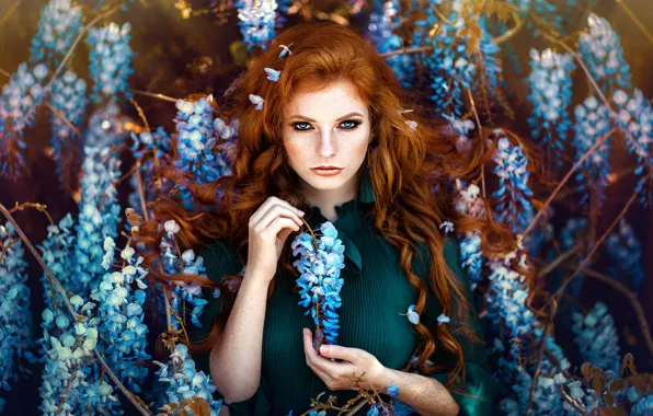 Цветок, лето, взгляд, девушка, цветы, ветки, природа, лицо