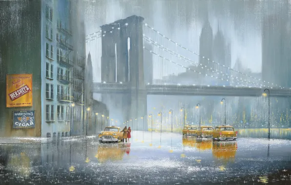 Картинка город, дождь, картина, такси, Jeff Rowland