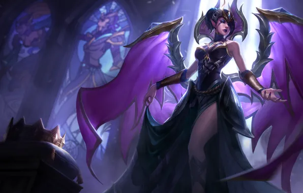 Girl, fantasy, game, cathedral, wings, crown, angel, League of Legends