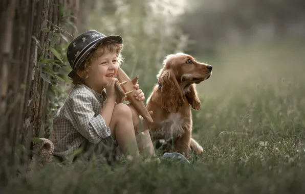 Трава, игрушка, собака, мальчик, шляпка