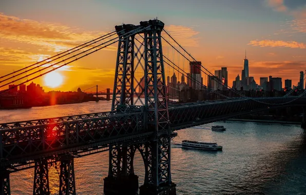Картинка city, USA, twilight, river, bridge, sunset, New York, Manhattan
