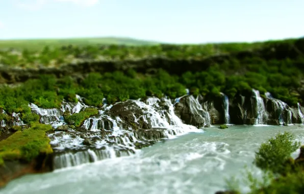 Картинка природа, река, водопады, tilt shift, валуны, тилт шифт