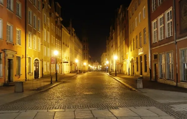 Dark, night, street, building, gdansk